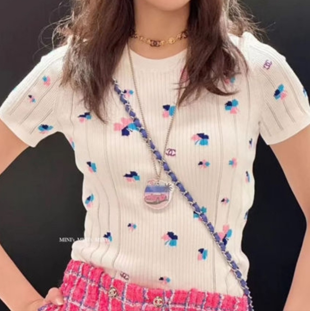 Chanel 24P White, Multicolor Crew Neck Shirt 2024 Spring Summer Size 40 US 10/12